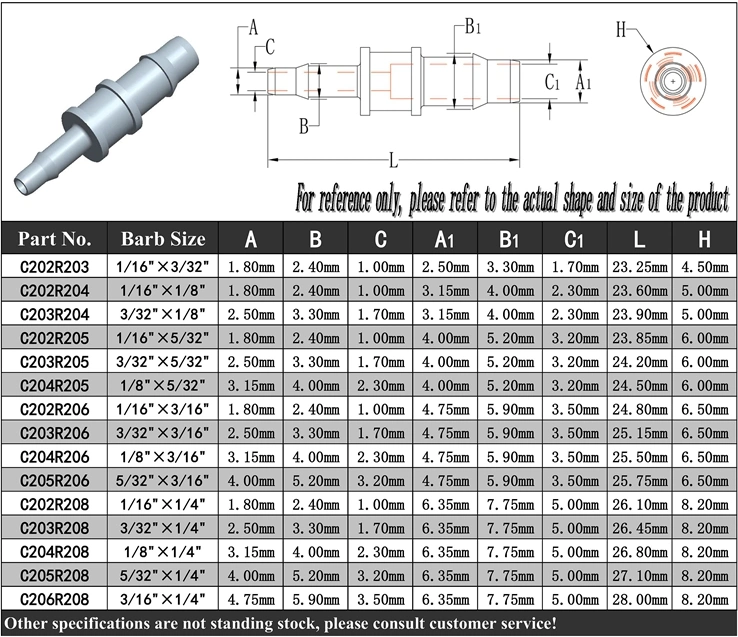 Plastic 2 Way Straight I Type Equal Reducing Hose Barb Tube Fitting for 1.6mm to 16mmid Tubing